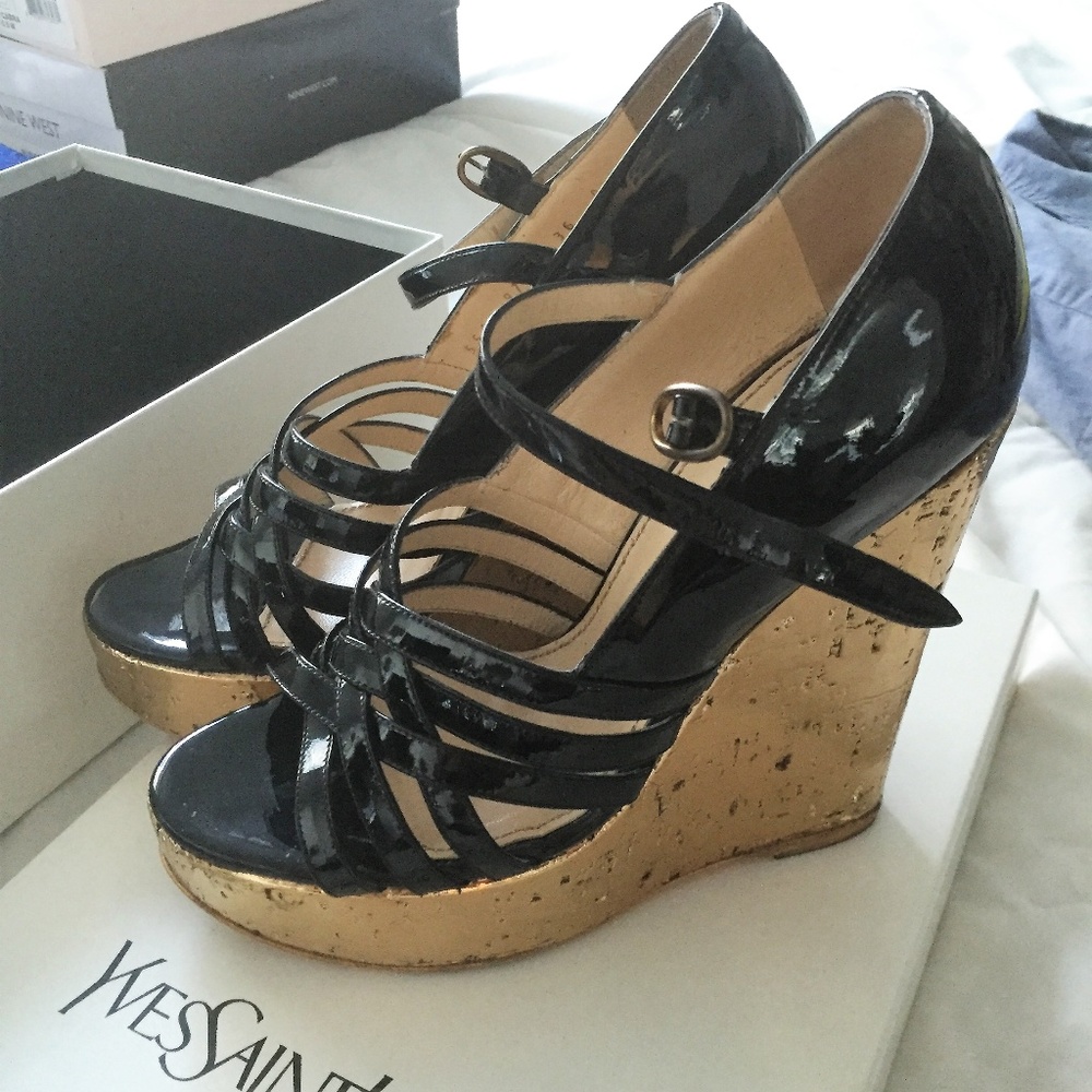 AUTHENTIC YSL Idole Black Patent Gold Mary Jane Wedge Strappy Sandals sz 36